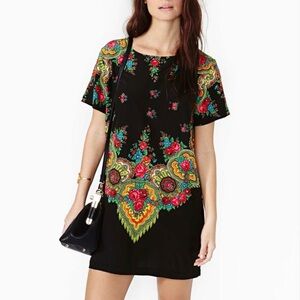 SHAKUHACHI Boho Floral Gypsy Tee Shift Mini Dress